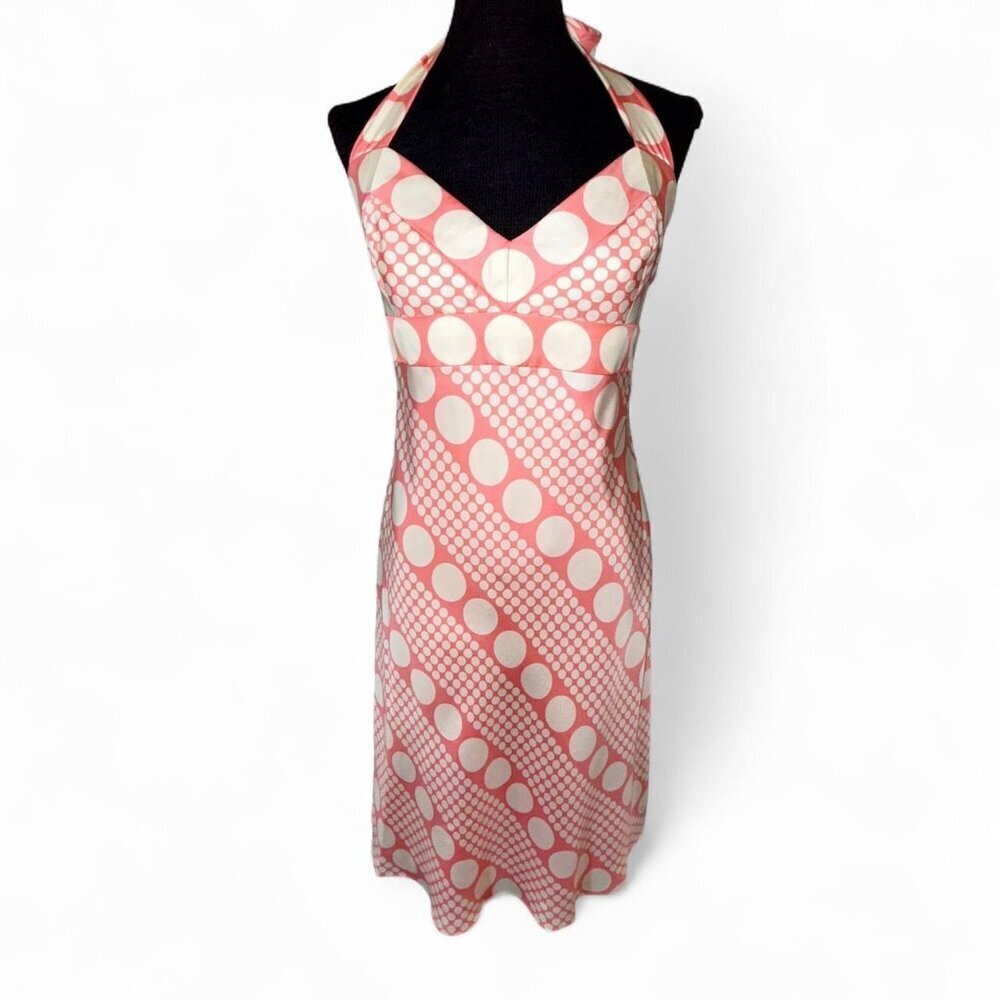 Laundry by Shelli Segal Retro Pink Polka dot 100% Silk Halter Fit & Flare Dress